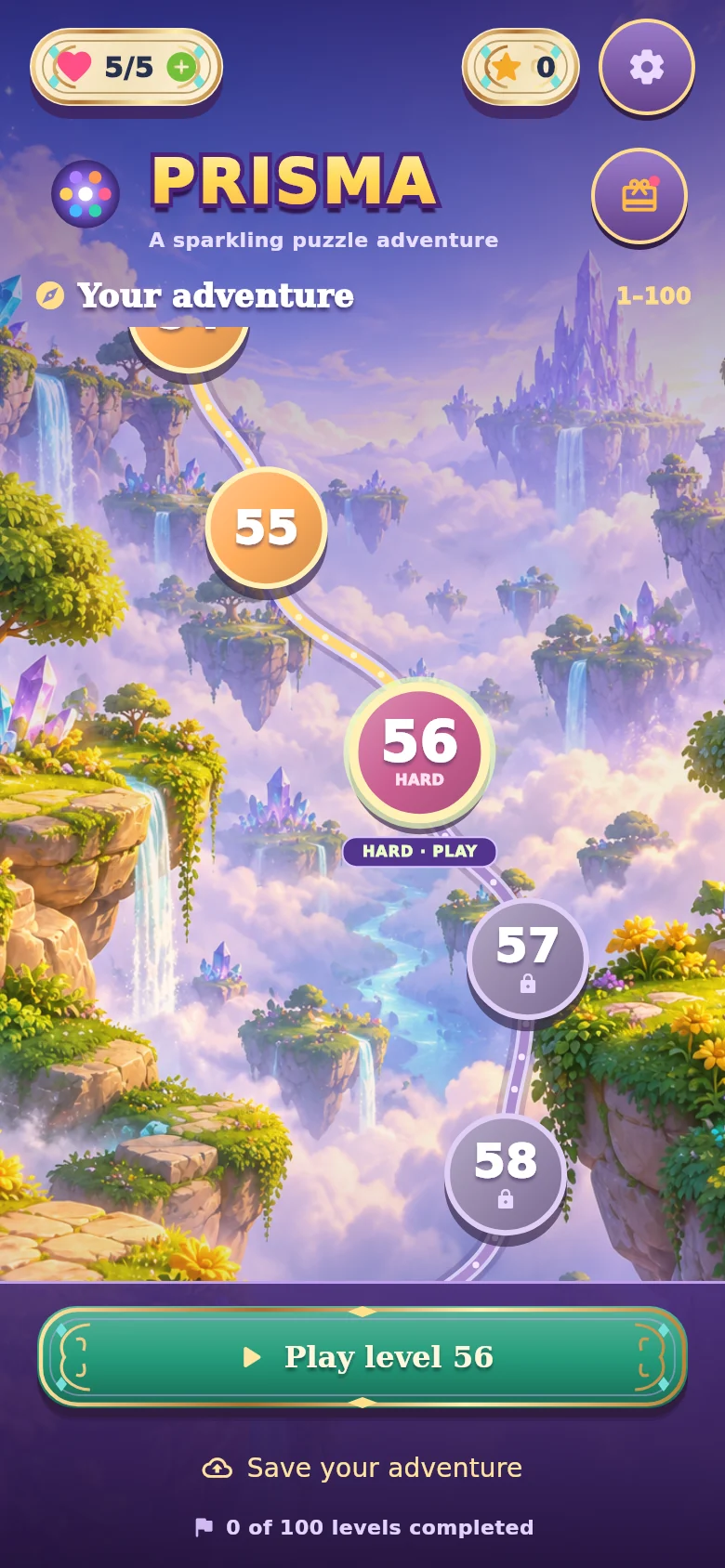 Prisma development preview, showing the adventure map